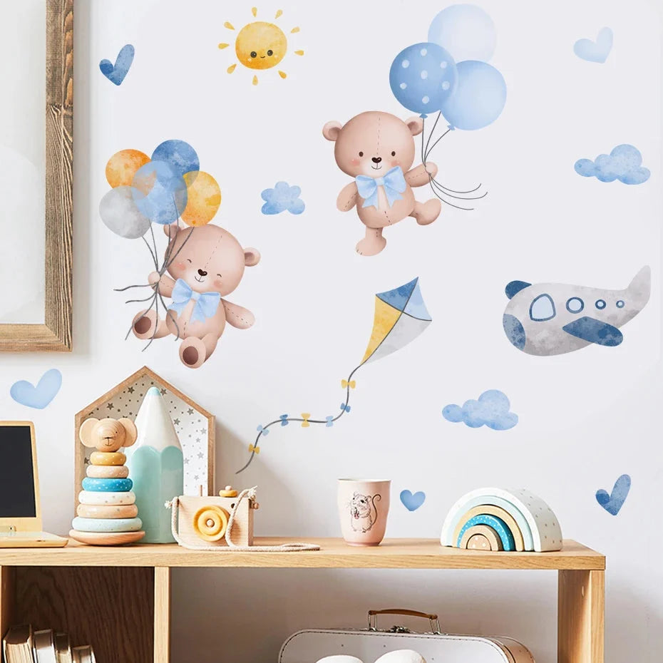 Kids & Nursery Wall Stickers – Watercolour Bears, Hearts & More | Self-Adhesive Peel & Stick | Nursery, Bedroom & Playroom Decor