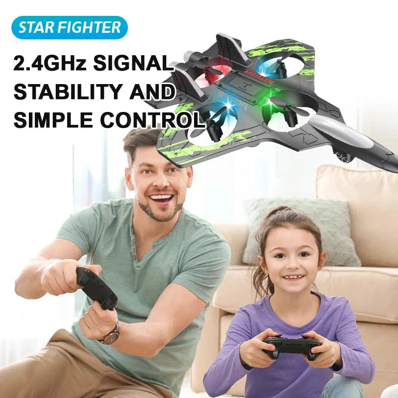 RC stunt jet with multicolor LED lights and handheld remote controller
