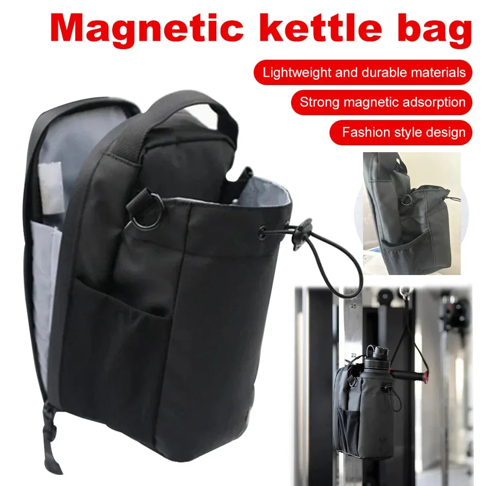 Black magnetic gym sling bag with water bottle holder, side cords, and handle