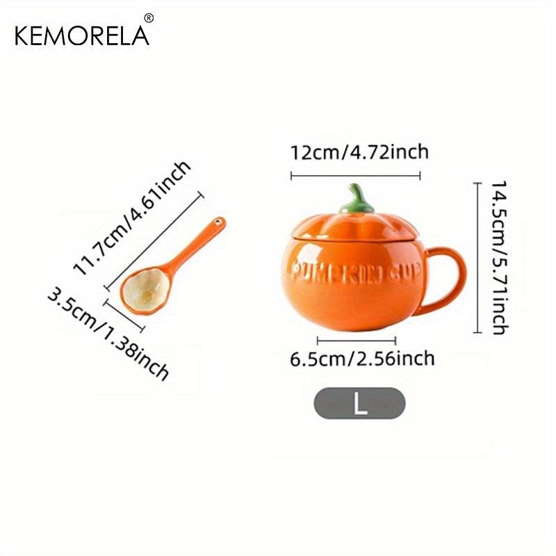 Pumpkin-shaped ceramic mug dimensions (L), orange glaze, green stem, includes spoon