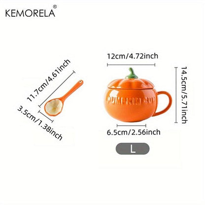 Pumpkin-shaped ceramic mug dimensions (L), orange glaze, green stem, includes spoon