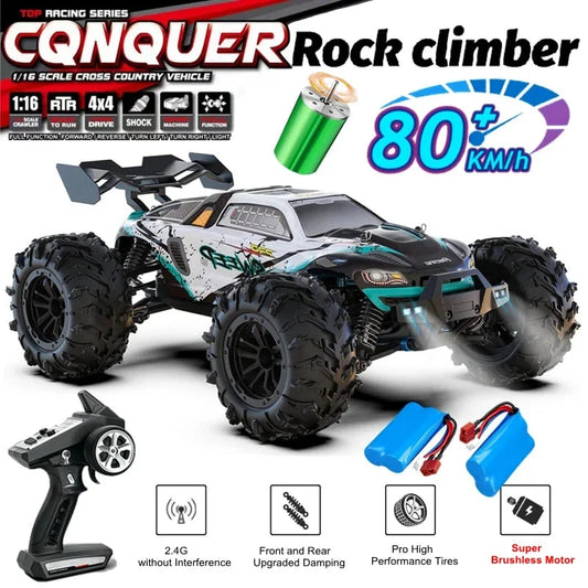 Teal and gray 1:16 4x4 off-road RC monster truck with large black tires