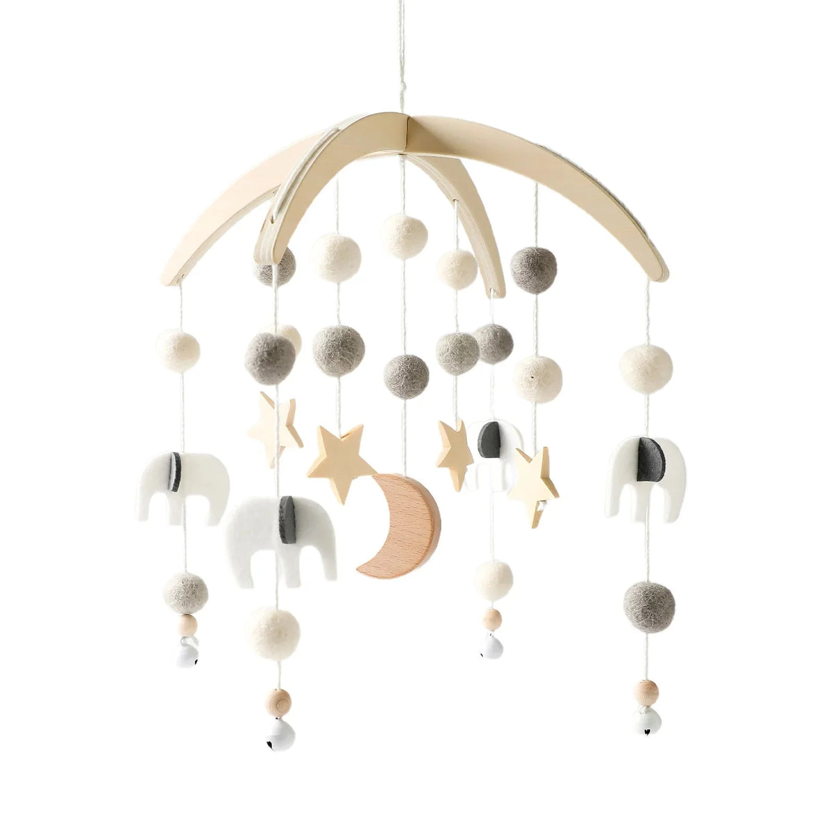 Baby crib mobile with gray and white pom-poms, crescent moon, stars, and unicorn