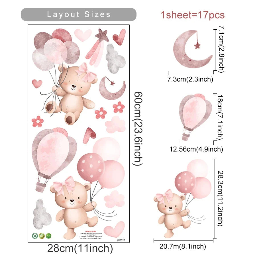 Kids & Nursery Wall Stickers – Watercolour Bears, Hearts & More | Self-Adhesive Peel & Stick | Nursery, Bedroom & Playroom Decor