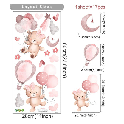 Kids & Nursery Wall Stickers – Watercolour Bears, Hearts & More | Self-Adhesive Peel & Stick | Nursery, Bedroom & Playroom Decor