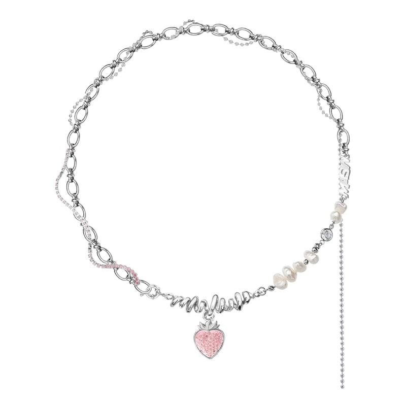 Strawberry pendant necklace with pink glitter heart charm, pearl beads, and dangling chain