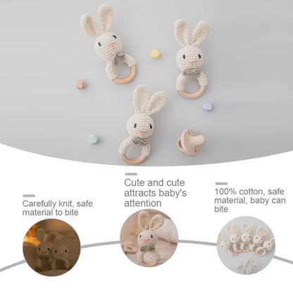 Baby Crochet Rattle & Wooden Teether Toy – BPA Free | Soft Animal Design | Giraffe, Bunny, Lion & More | Newborn Baby Shower Gift