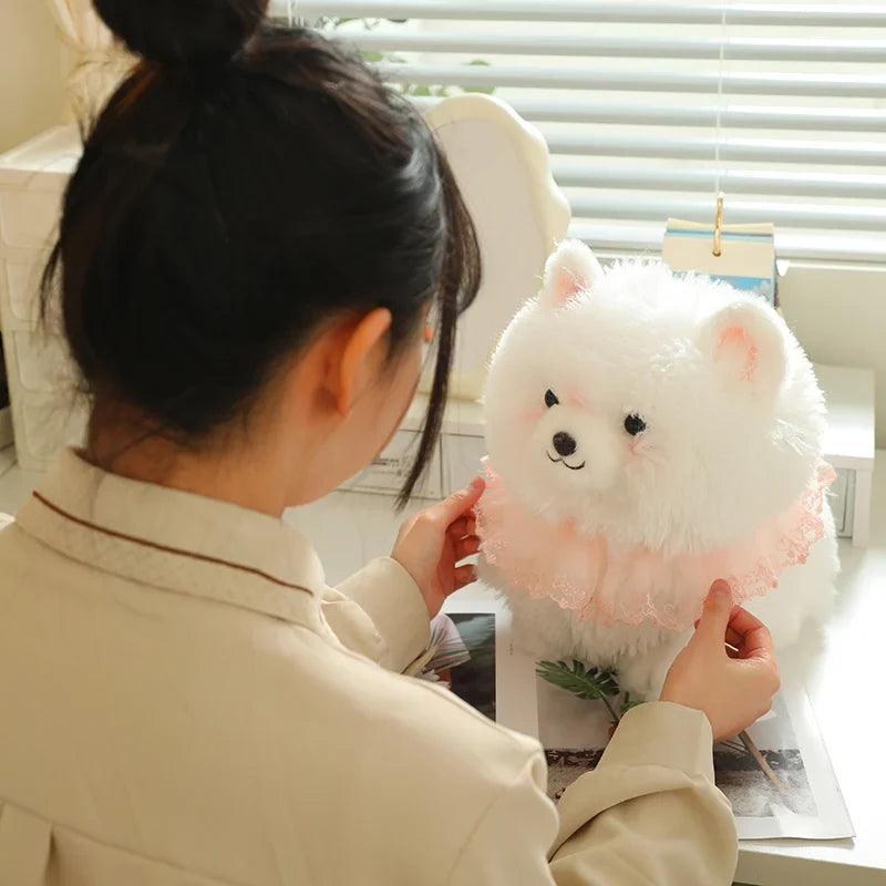 Kawaii Pretty Pomeranian Plushie – Fluffy White Dog with Pink Ruffle Collar | 31cm, 37cm & 52cm