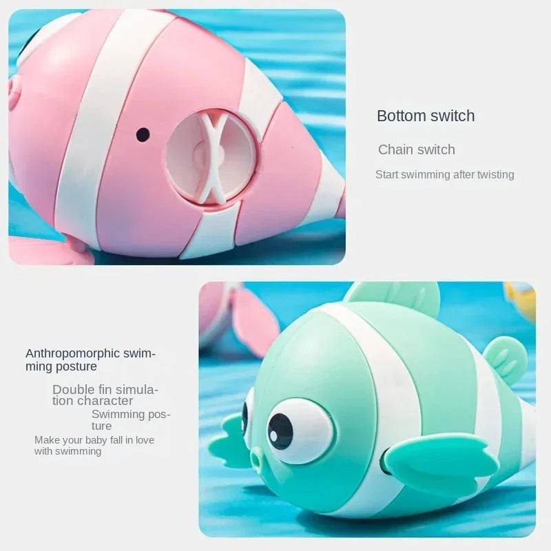 Pink and teal clown fish bath toys with white stripes, shown from side angles.