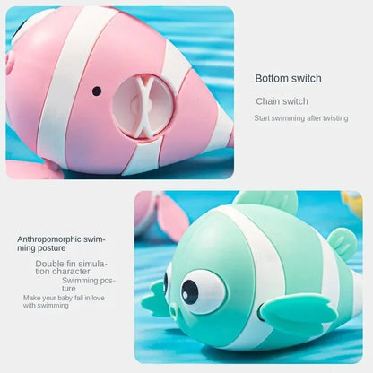 Pink and teal clown fish bath toys with white stripes, shown from side angles.