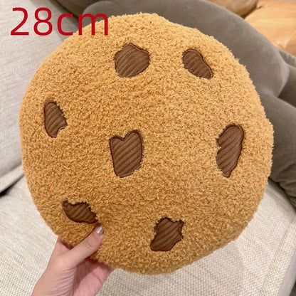 Tan round cookie plush pillow, 28cm, with brown stitched chocolate-chip shapes