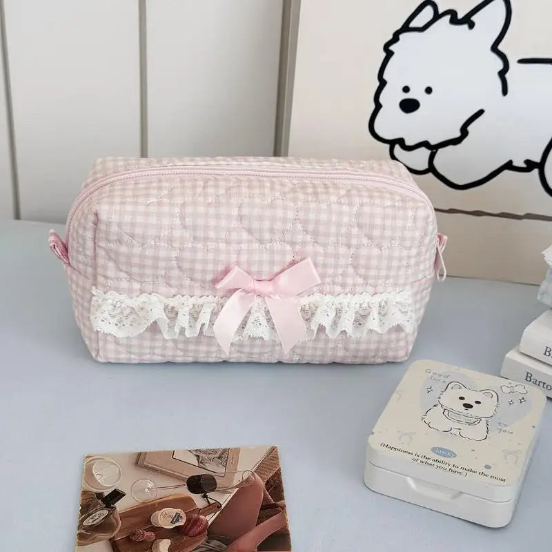 Kawaii Gingham & Lace Pencil Case – Cute Vintage Aesthetic Stationery | Pink & Blue