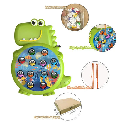 Green dinosaur magnetic fishing board with colorful fish discs and two orange rods