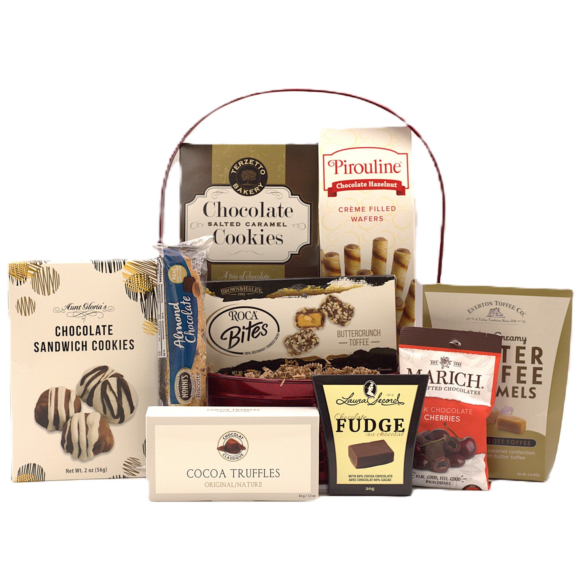 Red handled gift basket filled with assorted chocolates, truffles, and cookies.