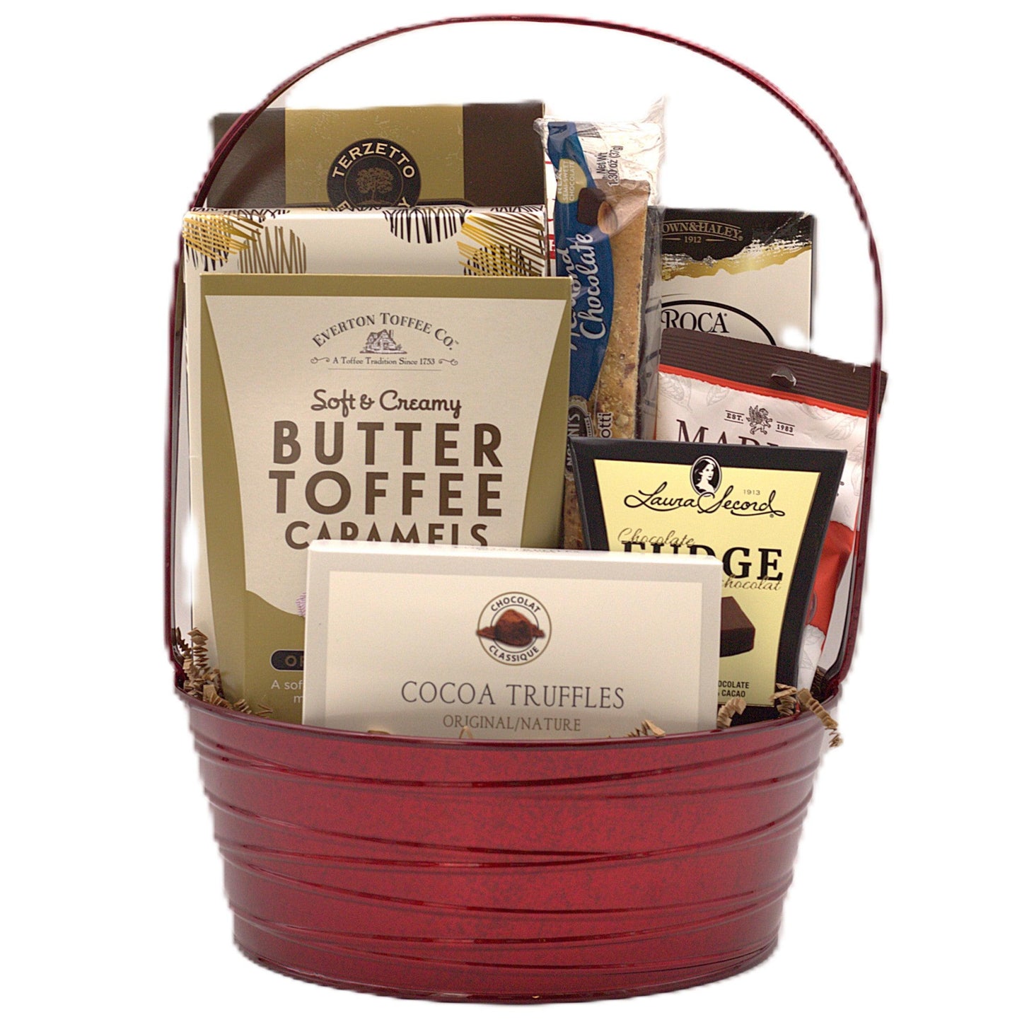 Red gift basket filled with cocoa truffles and butter toffee caramel chocolates.
