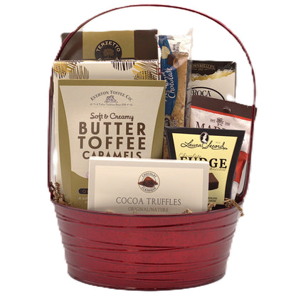 Red gift basket filled with cocoa truffles and butter toffee caramel chocolates.