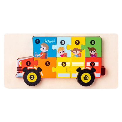 Wooden school-themed vehicle jigsaw puzzle board with numbered pieces