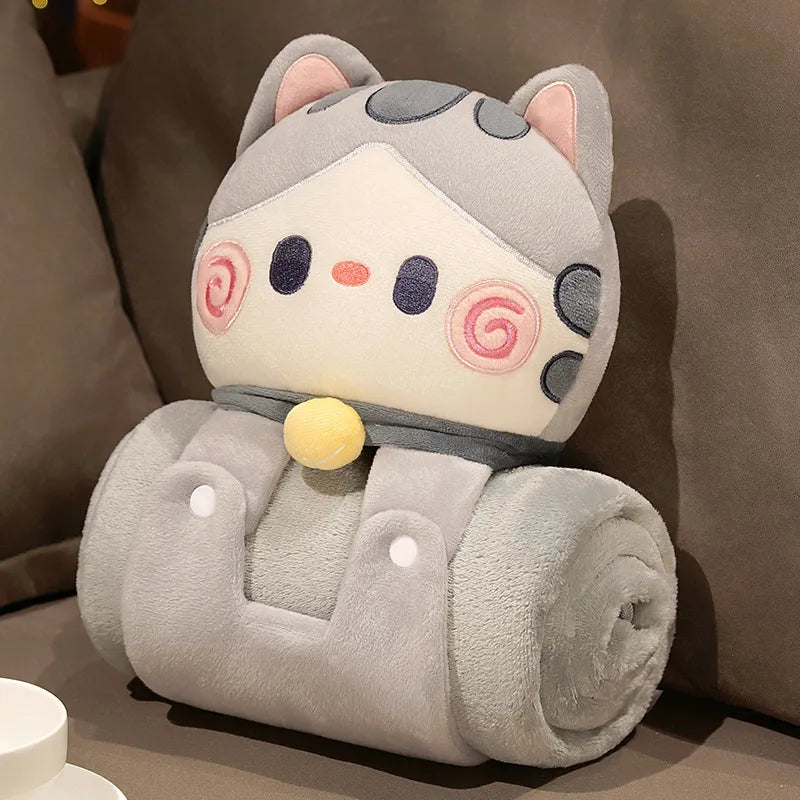 Light grey cat pillow blanket roll with stitched face hood and yellow button detail