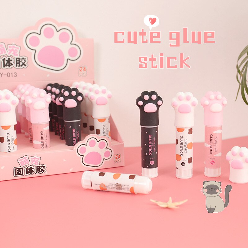 Cat paw glue stick with pink paw-print cap, assorted colors, 8 g stick tube