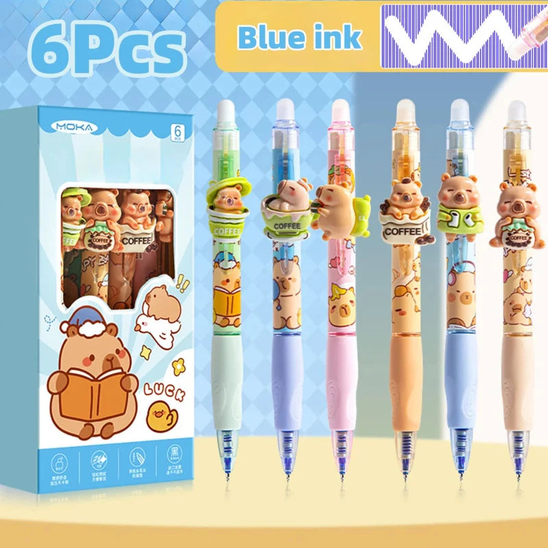Kawaii Capybara Erasable Gel Pens – Set of 6 Cute Capy Buddies Pens | Blue Ink | Kawaii Stationery Gift