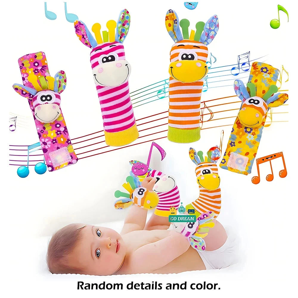 Baby Wrist Rattle & Foot Finder Sock Set – 4 Pieces | Soft Sensory Toy | 0–12 Months Boys & Girls | Newborn Baby Shower Gift