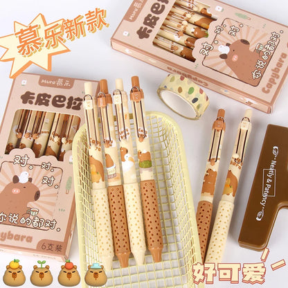 Capybara gel pens with boxed set and display, beige and tan barrels with graphics