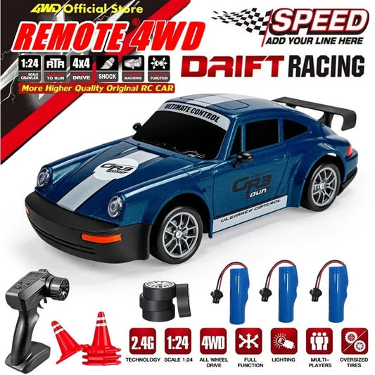 Blue 4WD RC drift racing car with rear spoiler and front bumper, 1:24 scale RTR toy