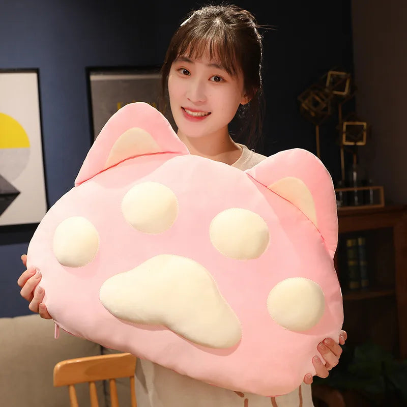 Kawaii Giant Cat Paw Pillow – Cute Cotton Cushion | Pink, Grey & White | 60x40cm & 90x55cm