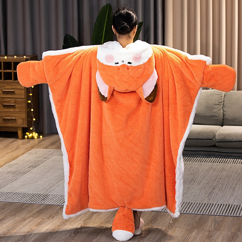 Orange fox blanket hoodie blanket-style with hooded fox ears and white-edged sides