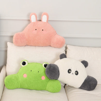 Plush animal cushions set: pink bunny, green frog, and panda on a sofa.