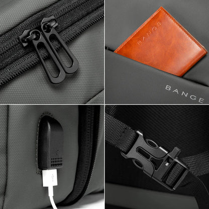Grey backpack close-up: metal zipper pull, orange logo patch, and charging port cable