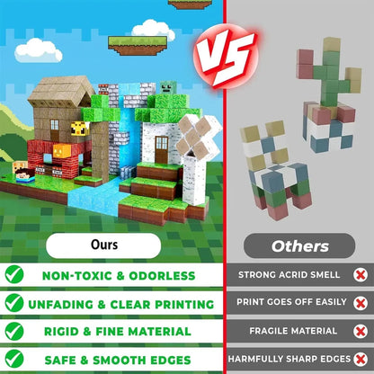 Magnetic cube blocks set compared with cube figure pieces, shows multiple block shapes