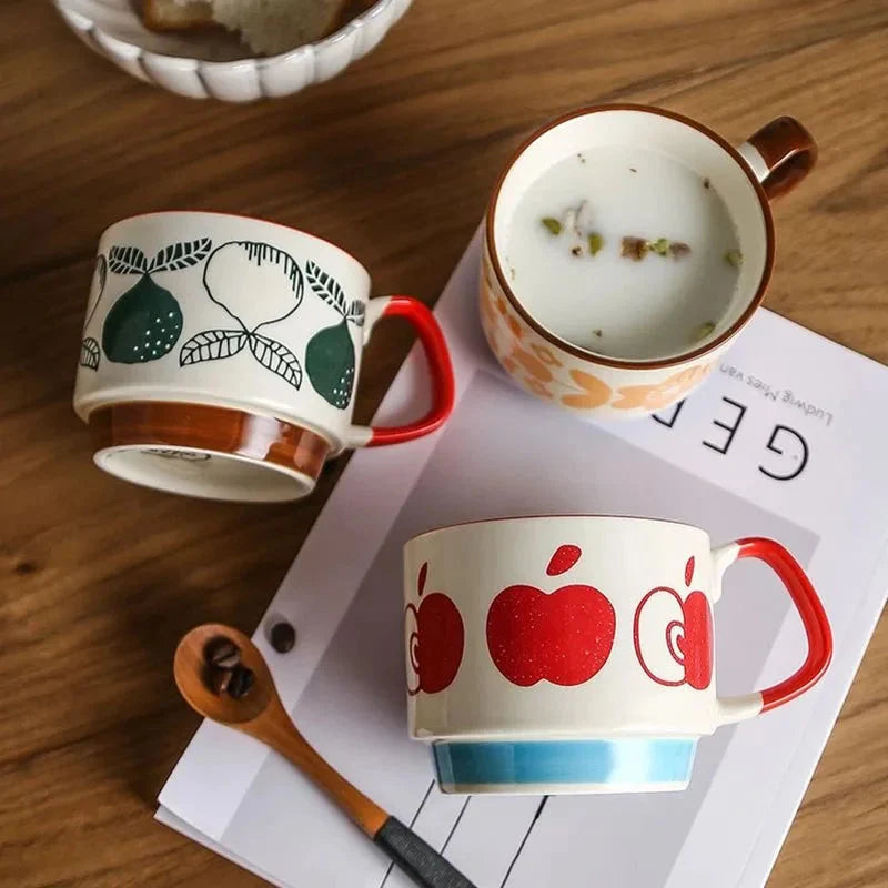 Retro Ceramic Stackable Mug 300ml – Scandinavian Pattern | Spots, Apples, Tulips, Trees & More | Coffee, Tea & Breakfast Cup | Housewarming Gift