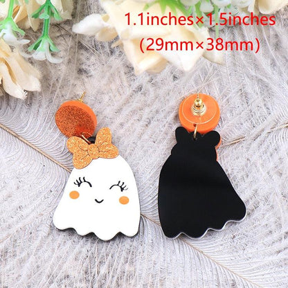 Ghost face Halloween earrings set: one white and one black ghost with orange glitter crown bows
