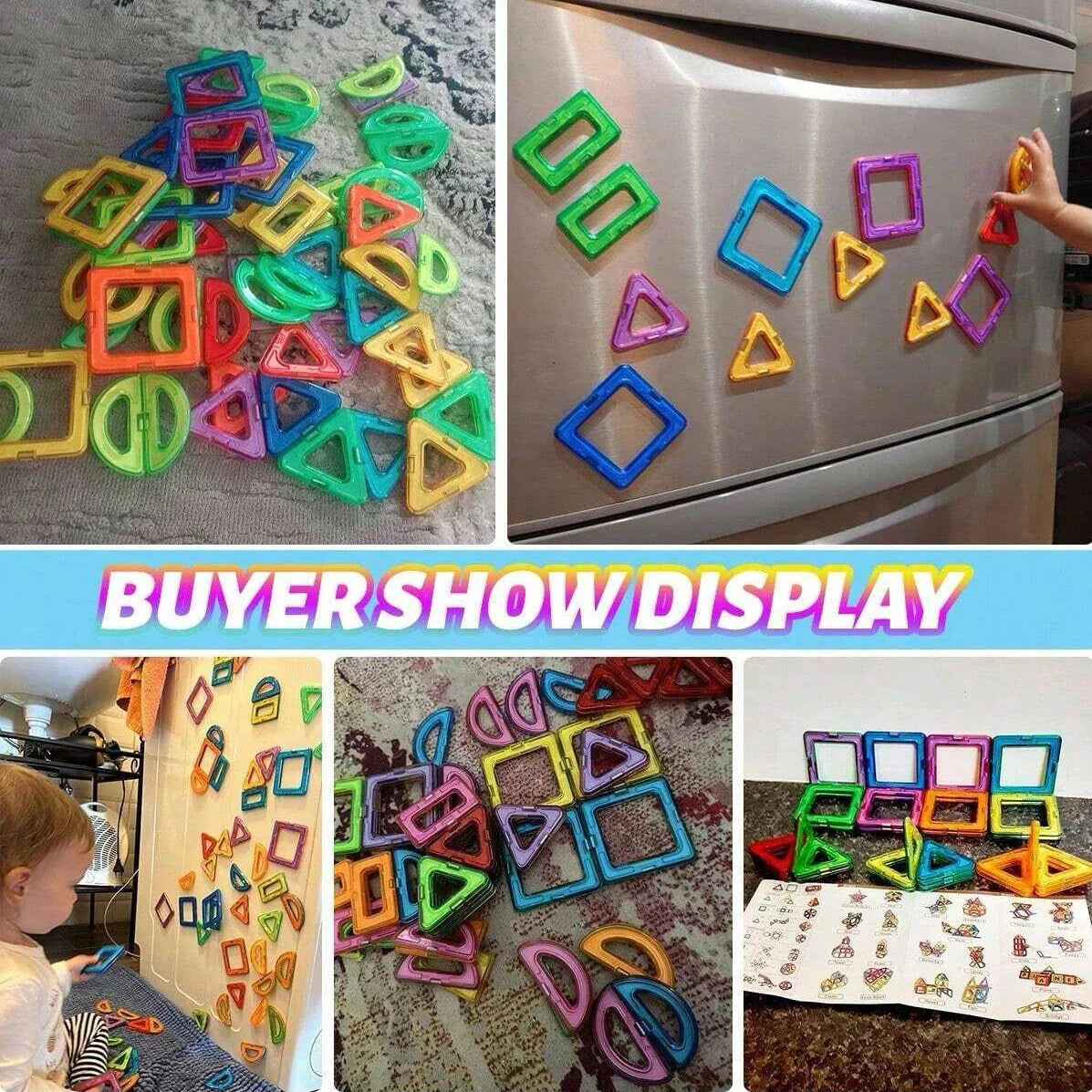 Assorted colorful magnetic building blocks with triangle, square, and rectangle frames