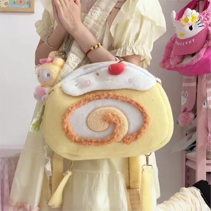 Kawaii Swiss Roll Plush Backpack | Soft Novelty Cake Bag | Cute Travel Gift