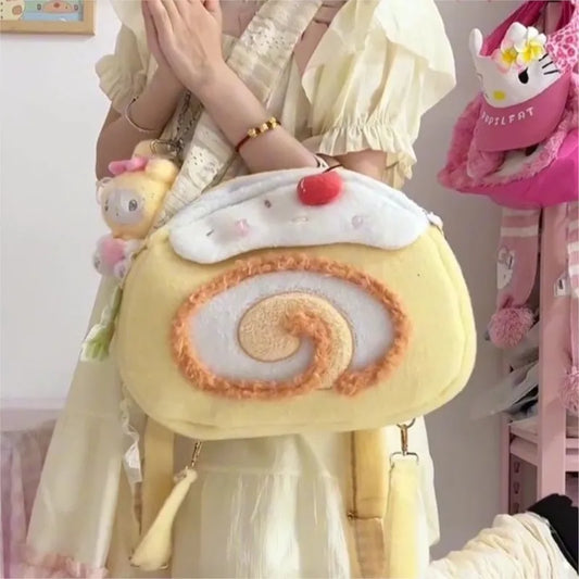 Kawaii Swiss Roll Plush Backpack | Soft Novelty Cake Bag | Cute Travel Gift