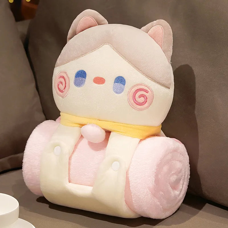 White and pink cat pillow blanket roll with character face hood and rolled blanket