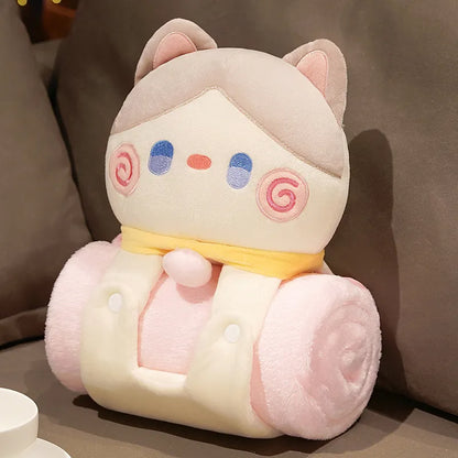 White and pink cat pillow blanket roll with character face hood and rolled blanket