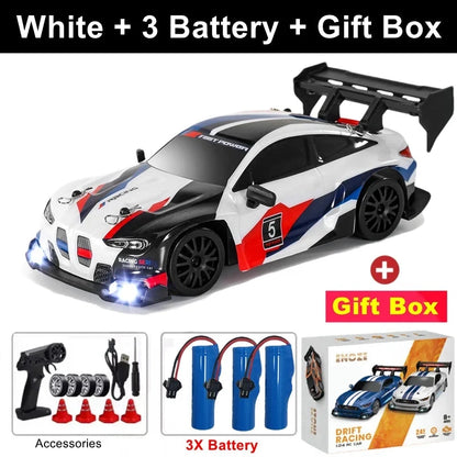 White RC drift racing car with rear wing, 3 batteries, gift box