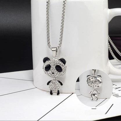 Rhinestone panda pendant necklace displayed on white jewelry stand with extra angle