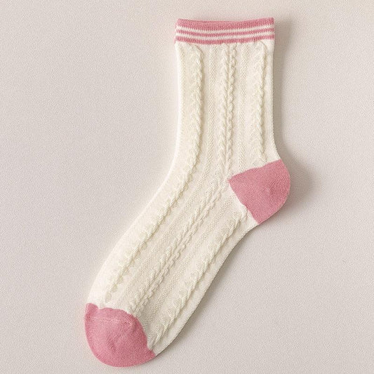Cream socks with pink toe and striped rib cuff