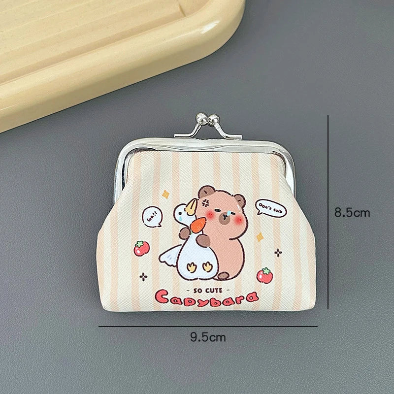 Capybara coin purse with kiss-lock clasp, striped fabric with capybara illustration