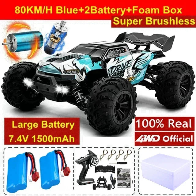 Blue and teal 1:16 4x4 RC off-road truck with oversized black tires