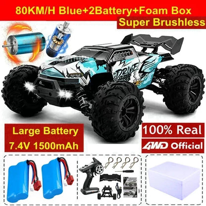 Blue and teal 1:16 4x4 RC off-road truck with oversized black tires