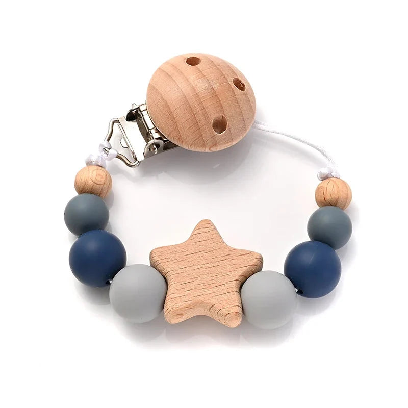 Baby pacifier clip teether chain with wooden star and blue silicone bead ring