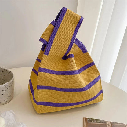 Handmade knitted mini tote handbag, mustard yellow with purple striped bands