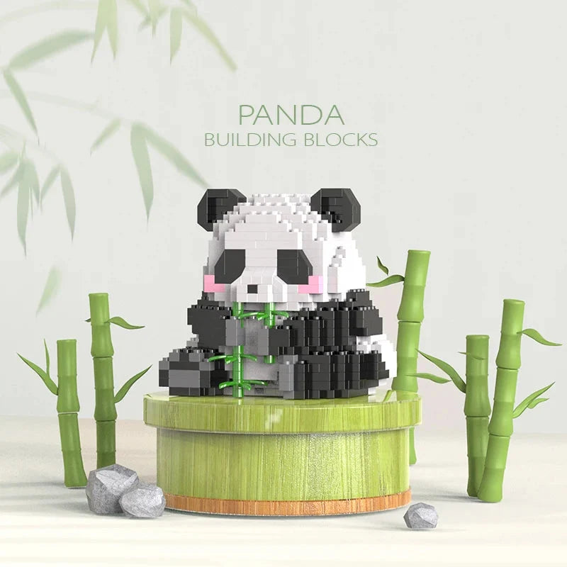 Panda building block model with black ears, pink cheeks and green bamboo base