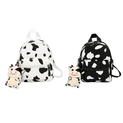 Kawaii Cow Print Mini Backpack – Cute Black & White Canvas Bag | Animal Print Accessory