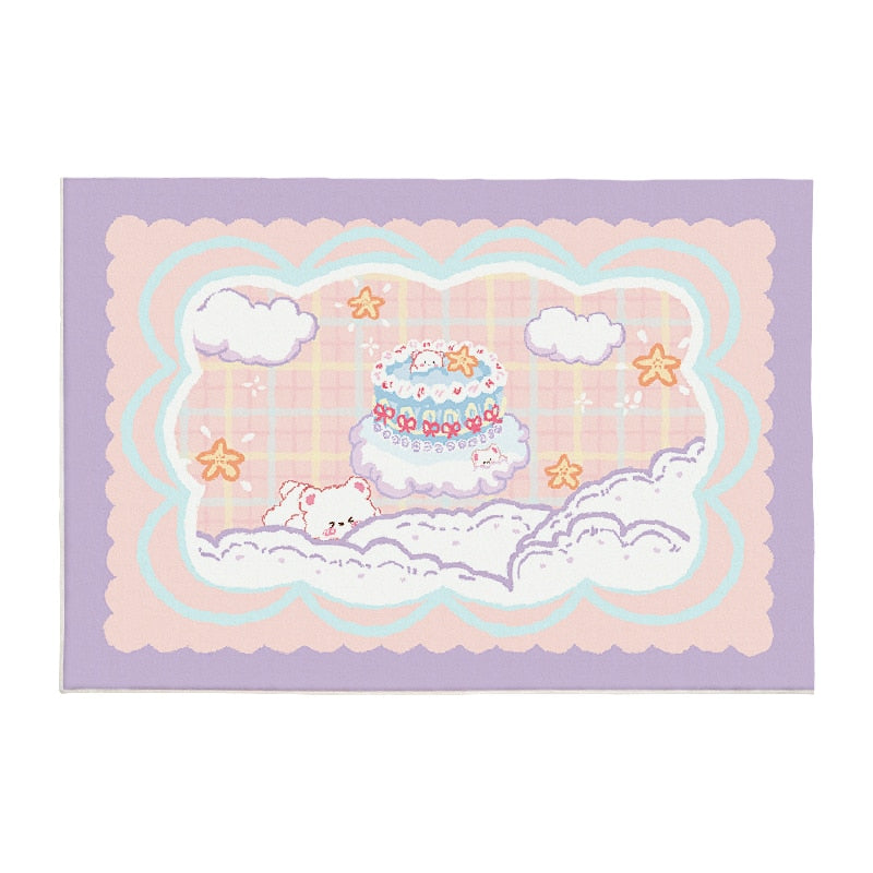 Lavender plush area rug with cloud border and central cake with heart and star accents